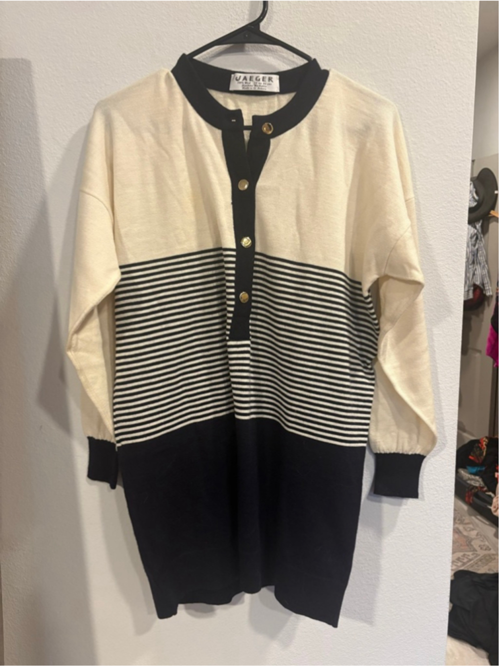 Vintage JAEGER 100% Wool Colorblock Striped Knit Henley Tunic Sweater